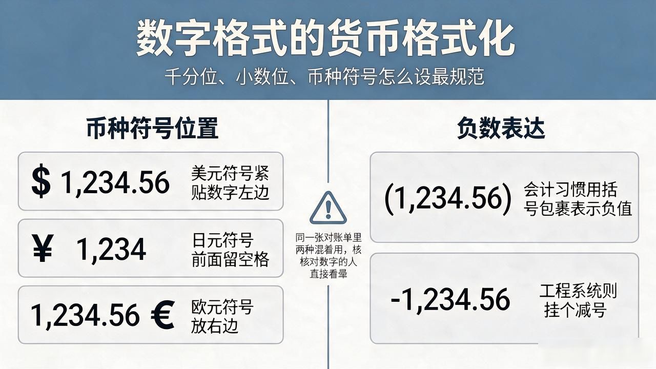 数字格式的货币格式化：千分位、小数位、币种符号怎么设最规范