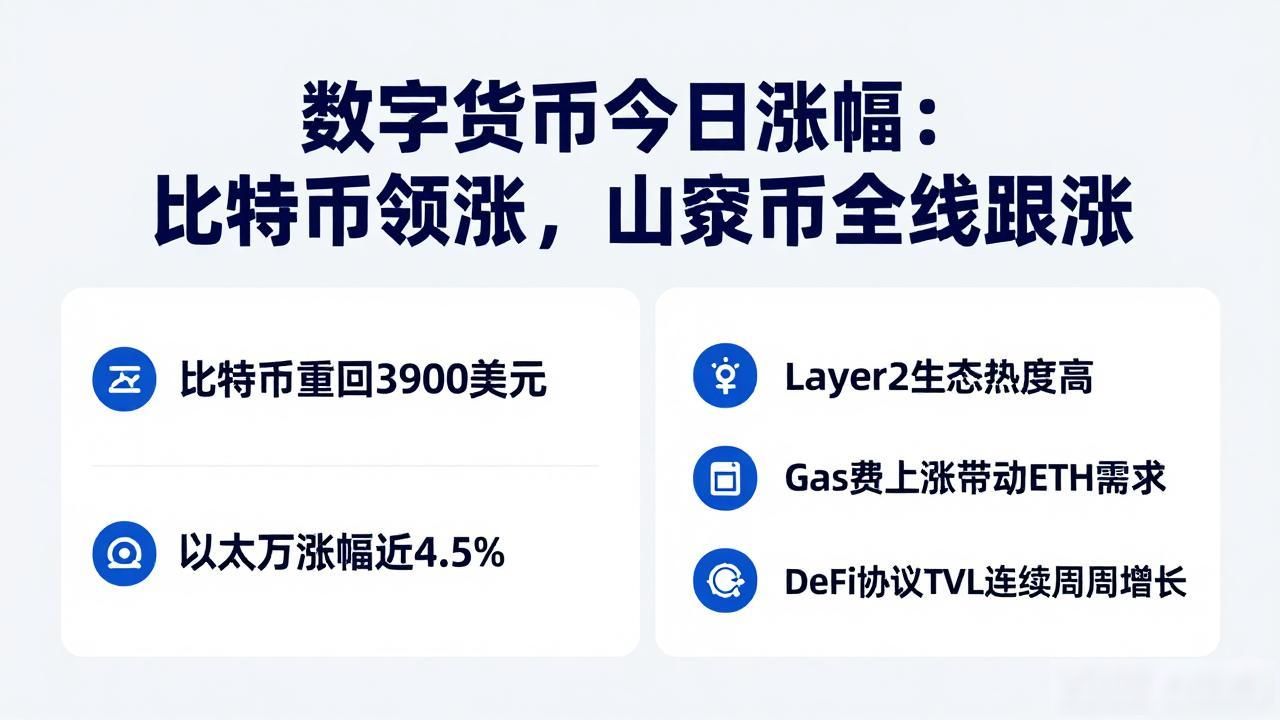 数字货币今日涨幅：比特币领涨，山寨币全线跟涨