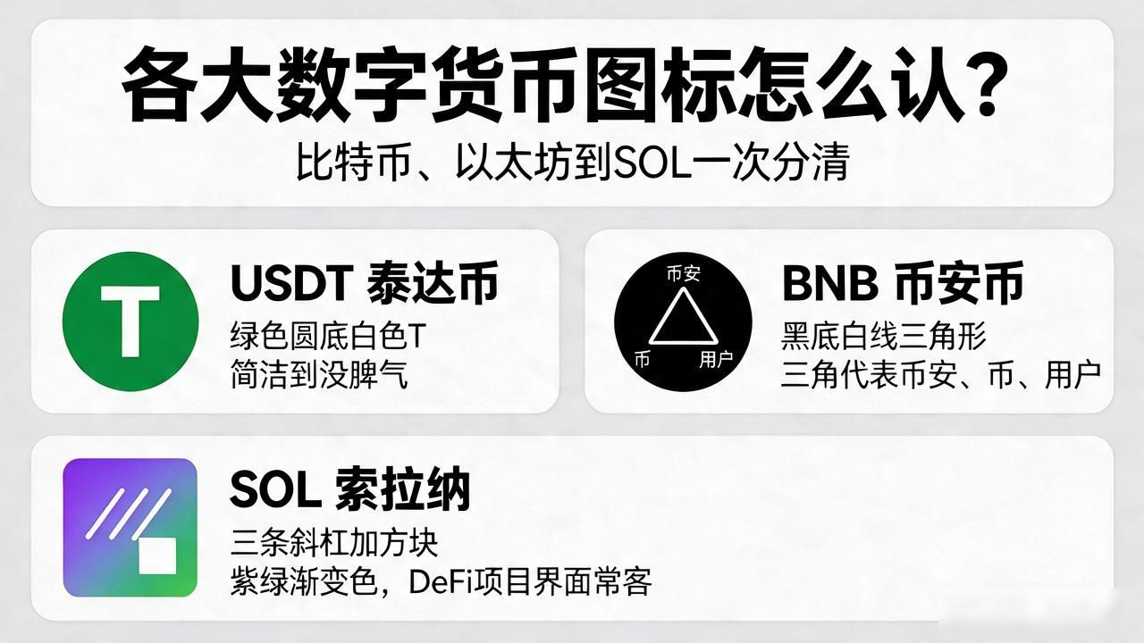 各大数字货币图标怎么认？比特币、以太坊到SOL一次分清