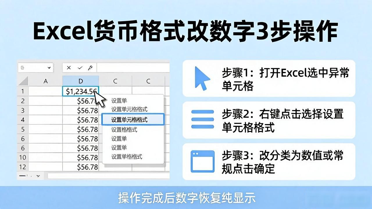 Excel表格数字显示成货币格式？3步教你改回数字